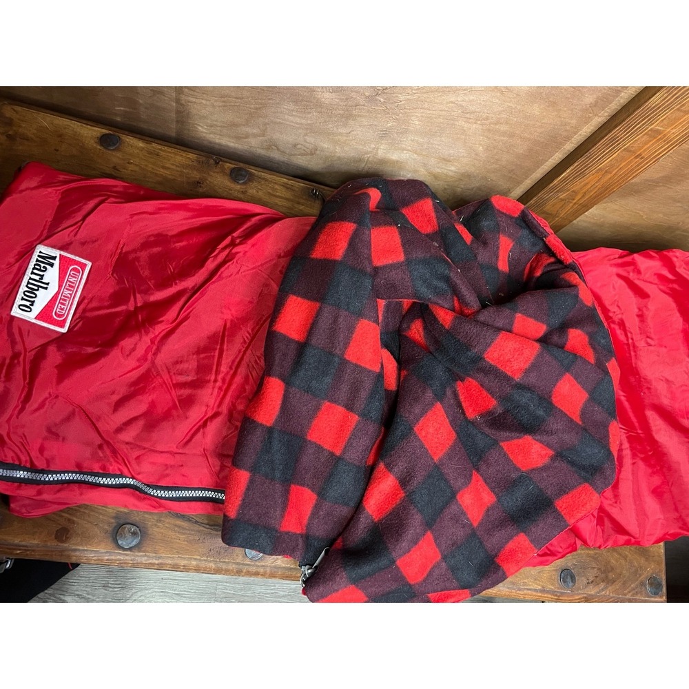 Vintage Marlboro Unlimited Red Sleeping Bag Buffalo Plaid Fleece Lined‎ 90s Gear